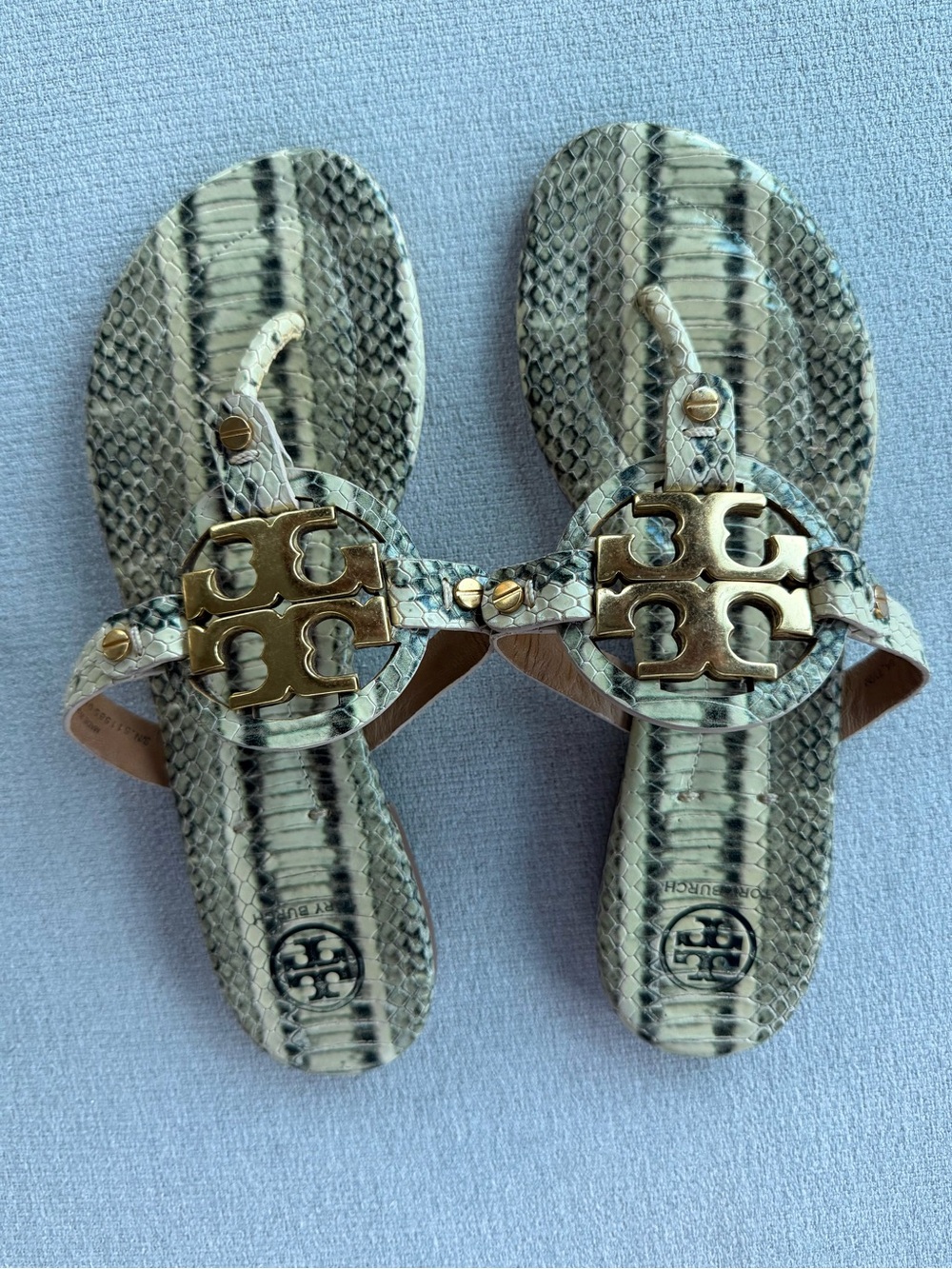 Tory Burch Snake-Print Leather Sandals with Gold Logo
